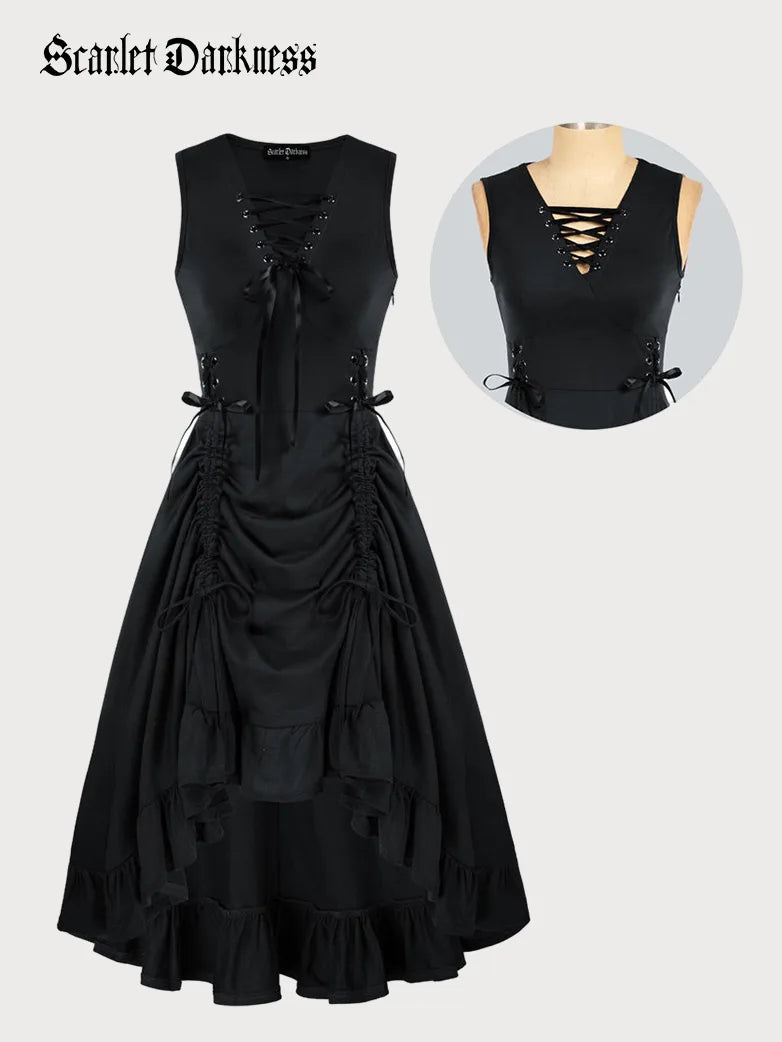 Front view of the Scarlet Darkness steampunk high-low dress with a lace-up front