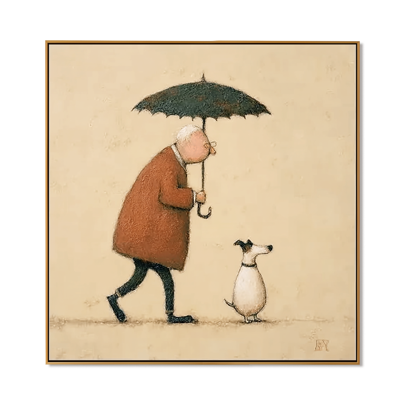 Acoustic wall art by IrisLeeGallery showing a person and a small dog sharing an umbrella