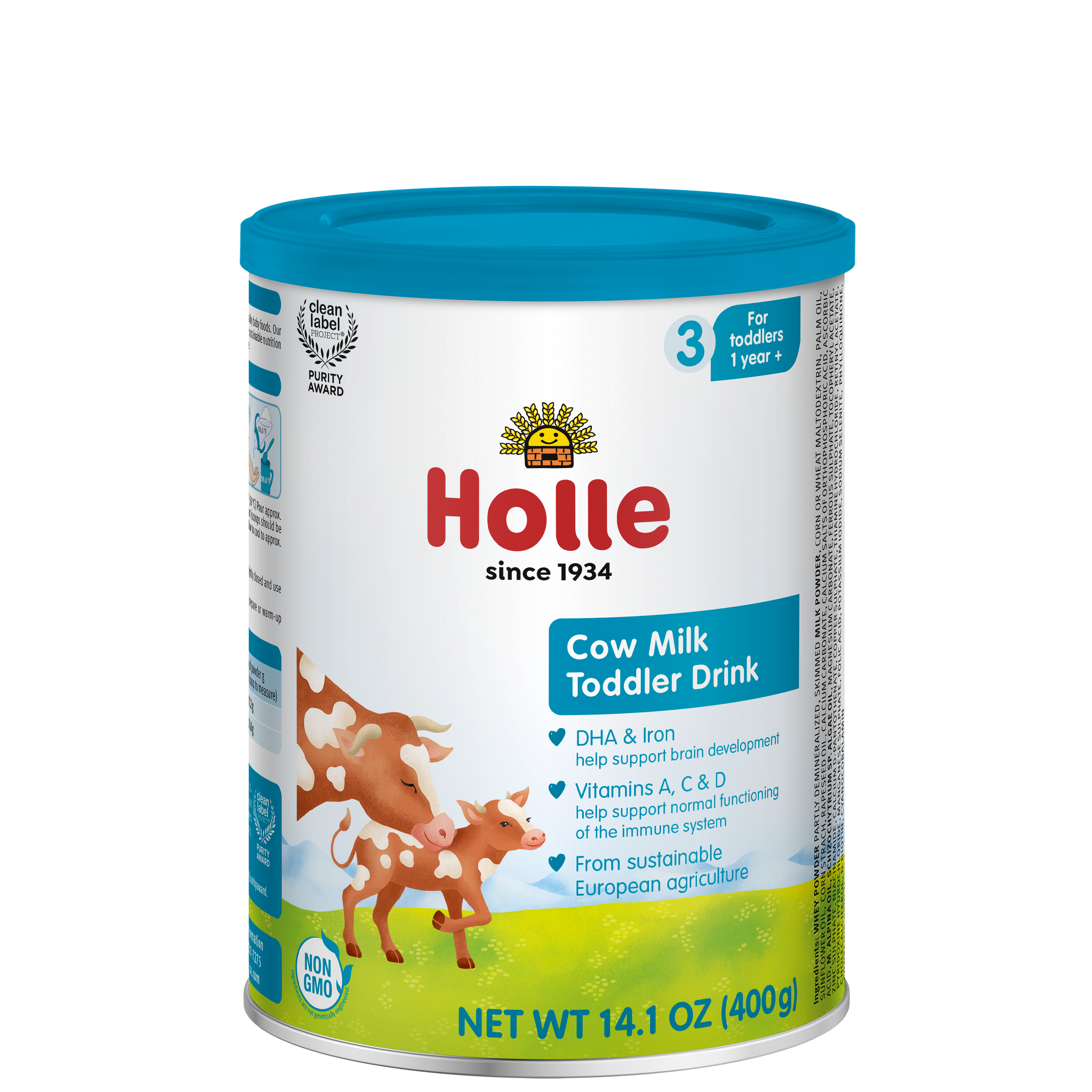 A 14-ounce tin of Holle Stage 3 Cow Milk Toddler Drink