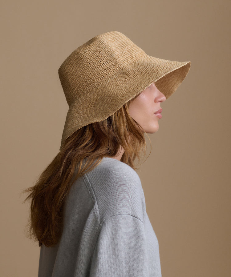 Detailed view of the woven raffia on the Jenni Kayne crochet sun hat