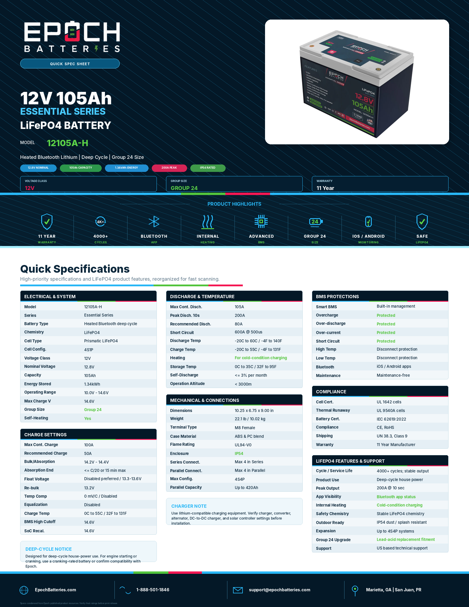 Quick specification chart for the Epoch 12V 105Ah Essential Series battery