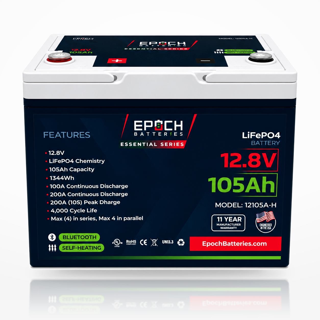 Epoch Essential Series 12V 105Ah LiFePO4 battery with Bluetooth monitoring and built-in heating