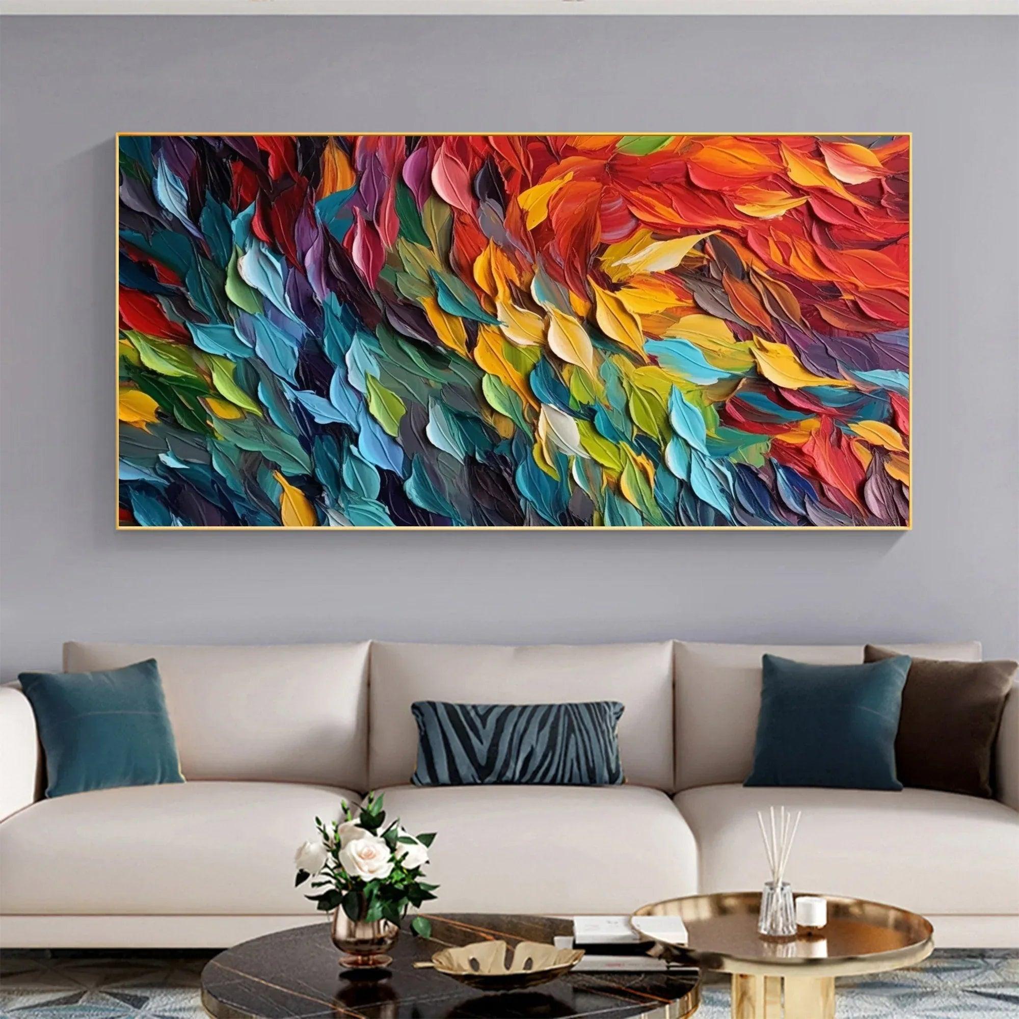 Textured abstract oil painting from Artextured with raised strokes of blue, green, orange and red