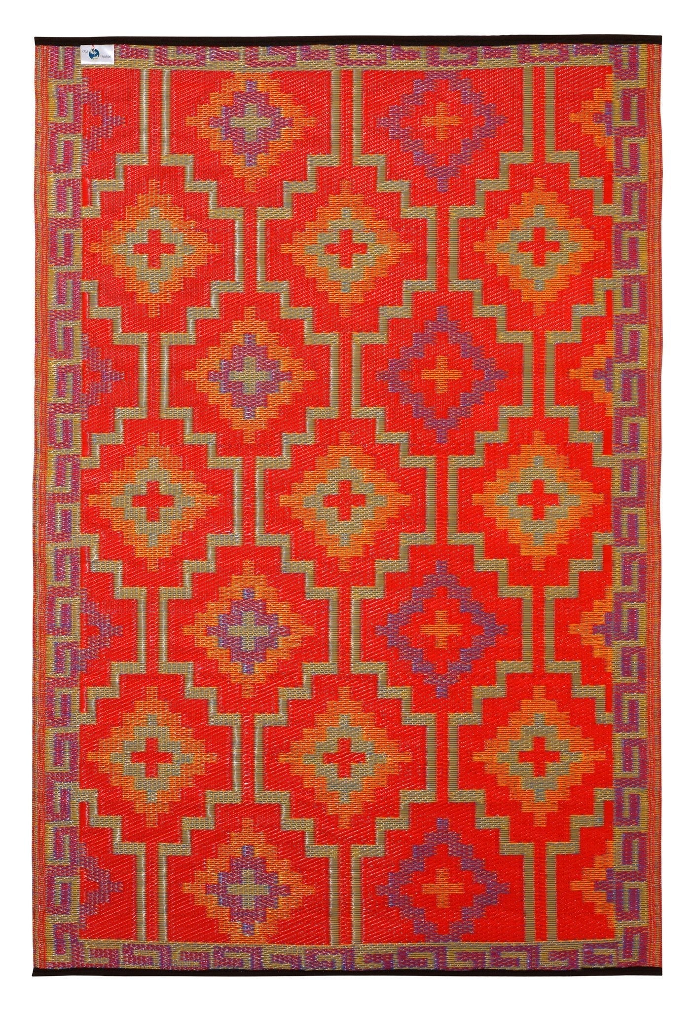 Orange and violet Moroccan-style pattern on the Floorsome Lhasa rug made from recycled plastic