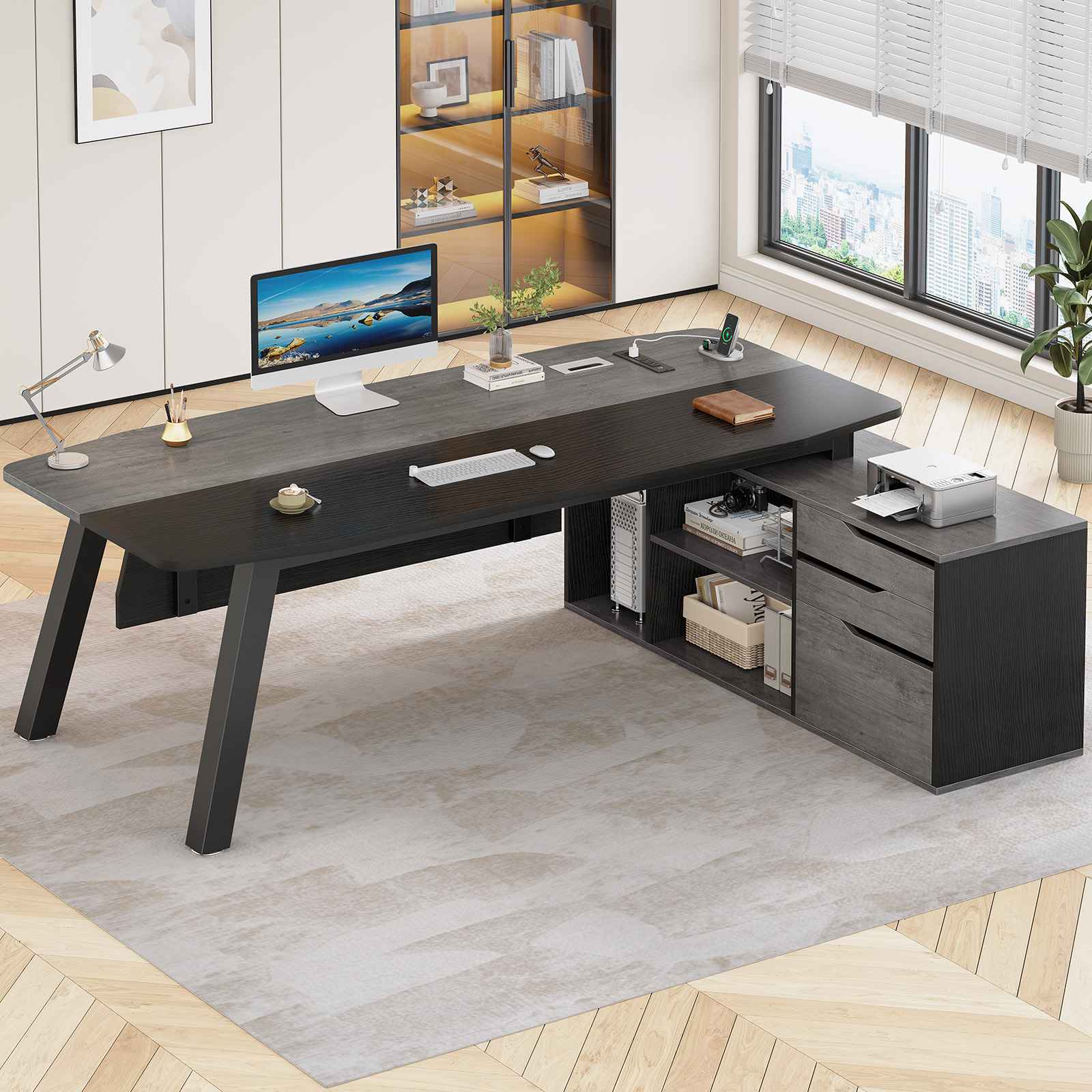 SEDETA executive computer desk with a rolling file cabinet, shown in a walnut finish