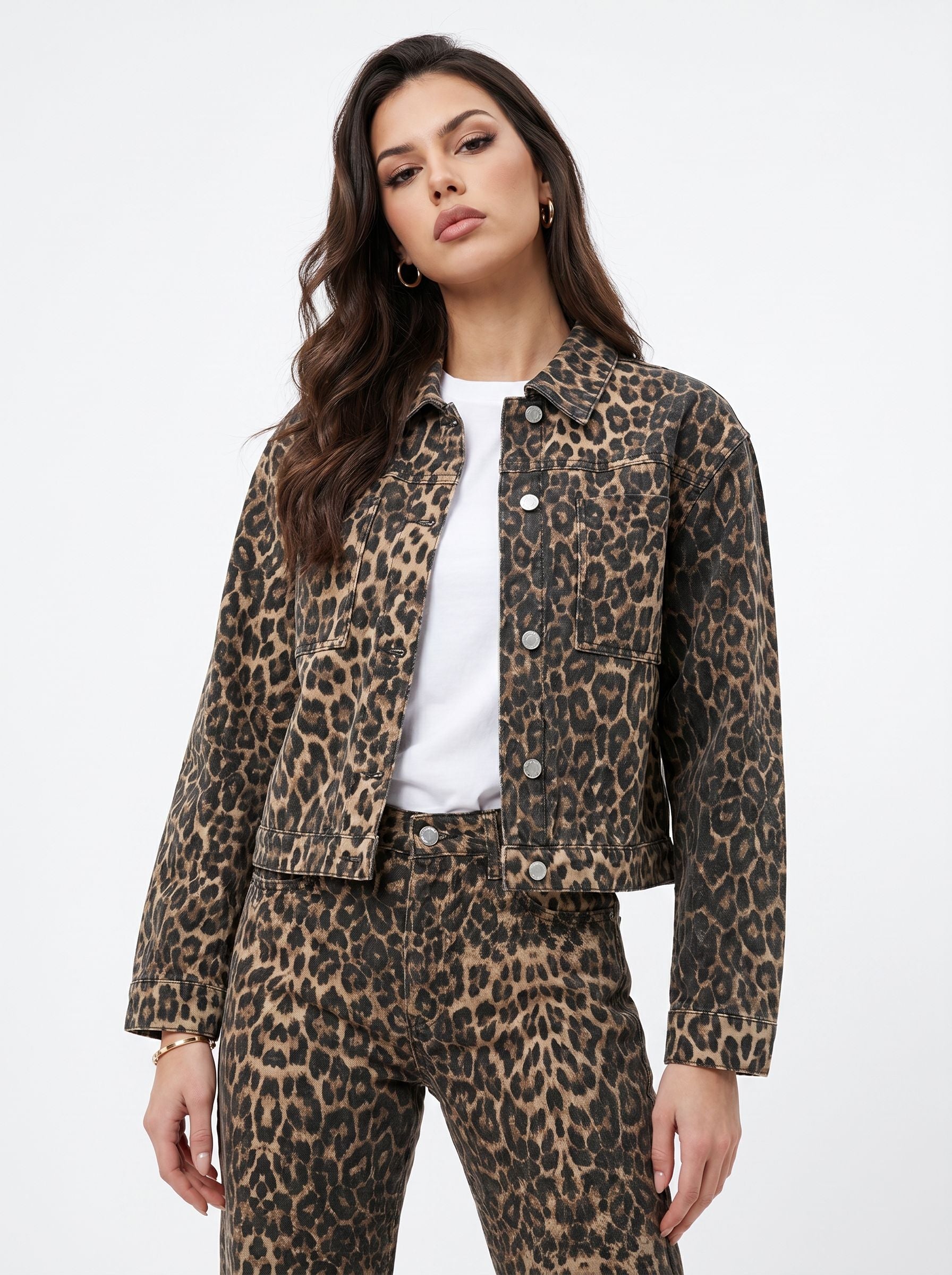 Leopard print cropped denim jacket from MUSETOPIA styled with jeans
