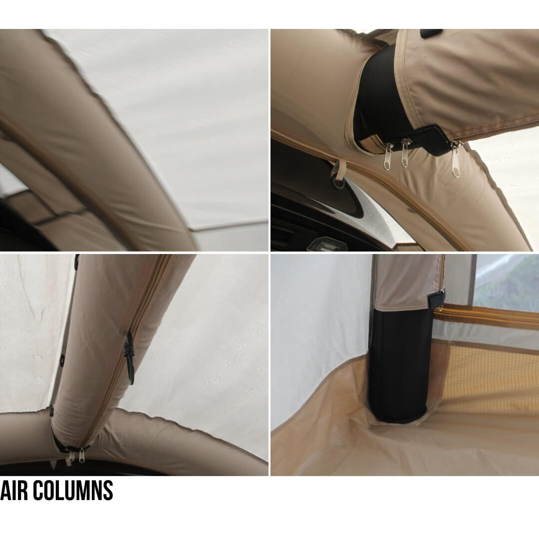A Tentsla X1 tent pitched next to a Tesla and joined to the car through the trunk connector