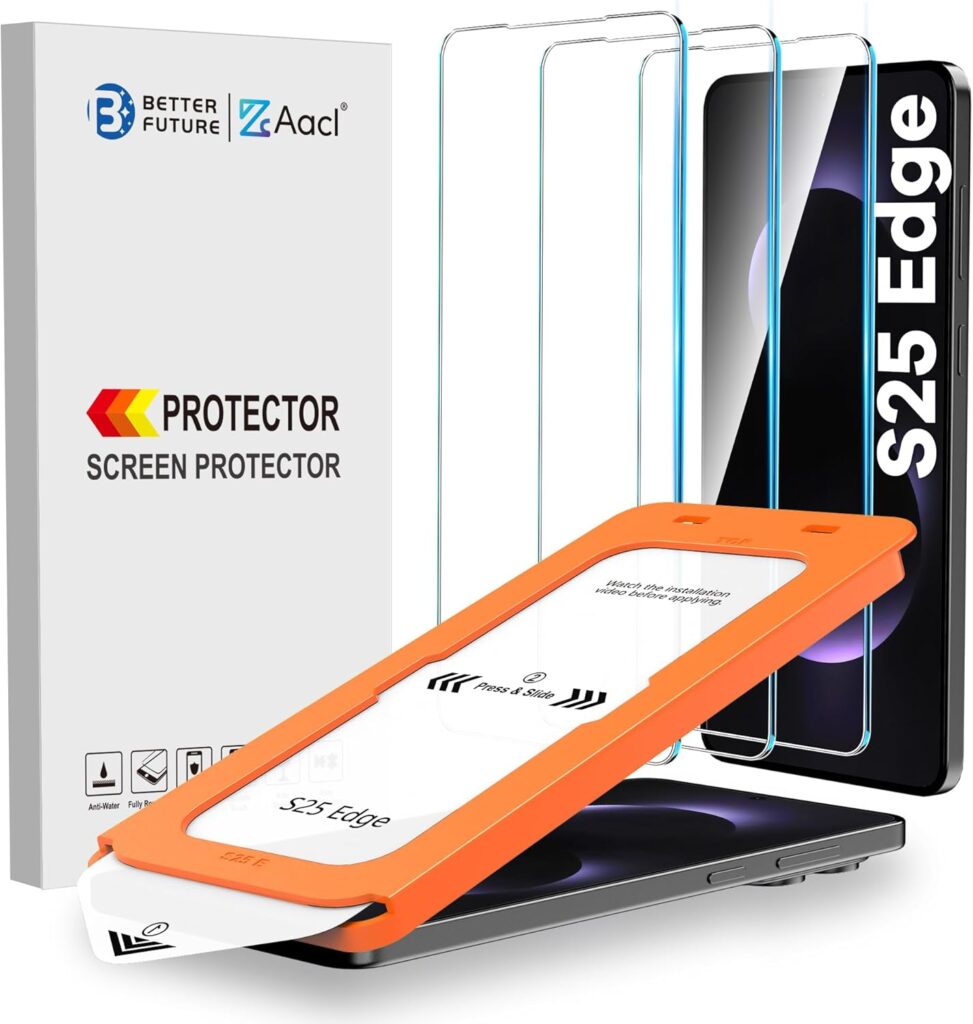 AACL screen protector set with its orange alignment tray and retail box, shown for a Galaxy S25 Edge