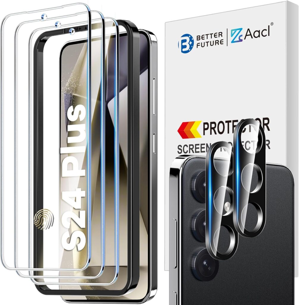 AACL screen protector set with camera lens protectors and retail box, shown for a Galaxy S24 Plus