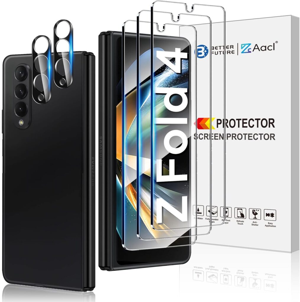 AACL protector set with camera lens protectors and retail box, shown for a Galaxy Z Fold 4