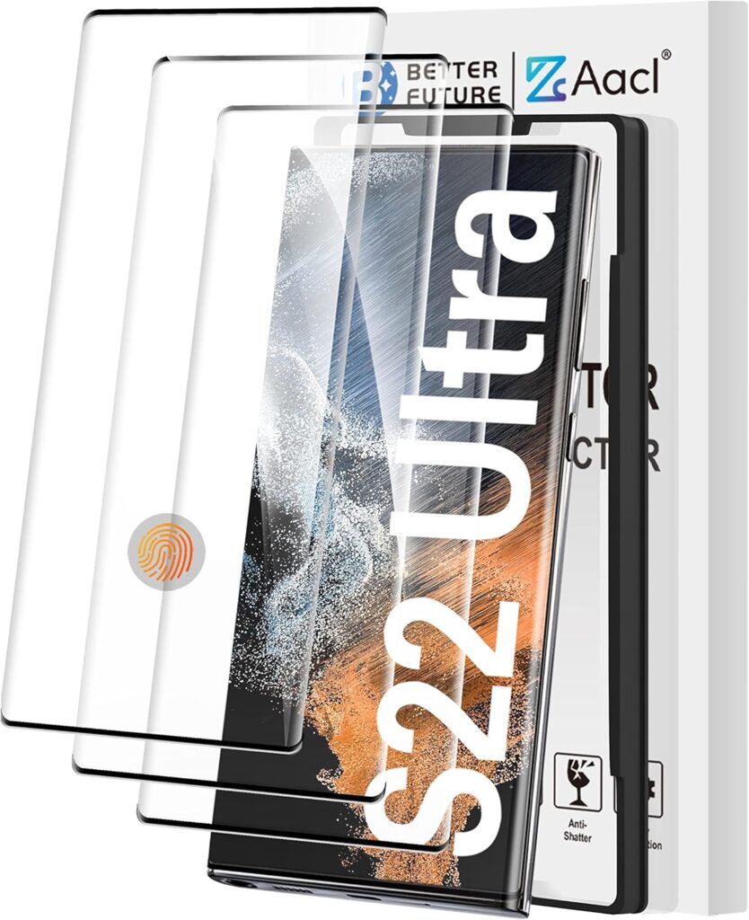 AACL 3D curved tempered glass set with retail box, shown for a Galaxy S22 Ultra