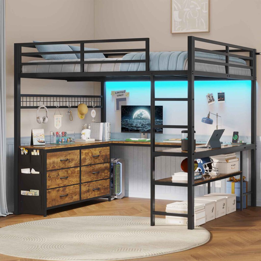 Black metal loft bed with a corner desk, a fabric drawer chest and LED lighting underneath