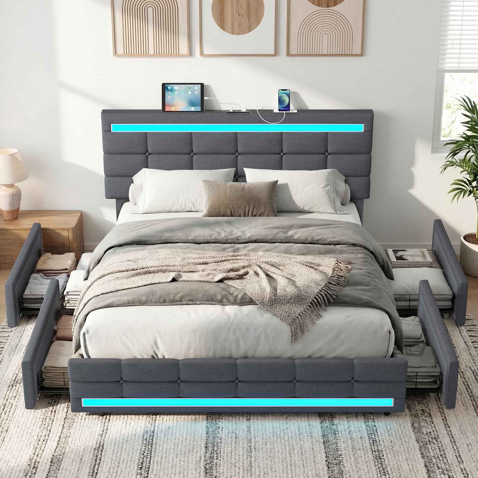 Charcoal fabric storage bed frame with an LED strip along the headboard and a drawer pulled open at each side