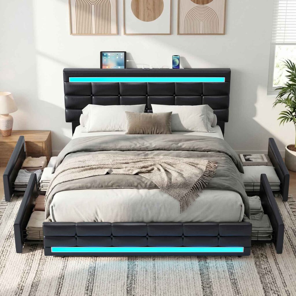 Bed frame with a black upholstered headboard, an LED light strip, a charging ledge and two side drawers pulled open