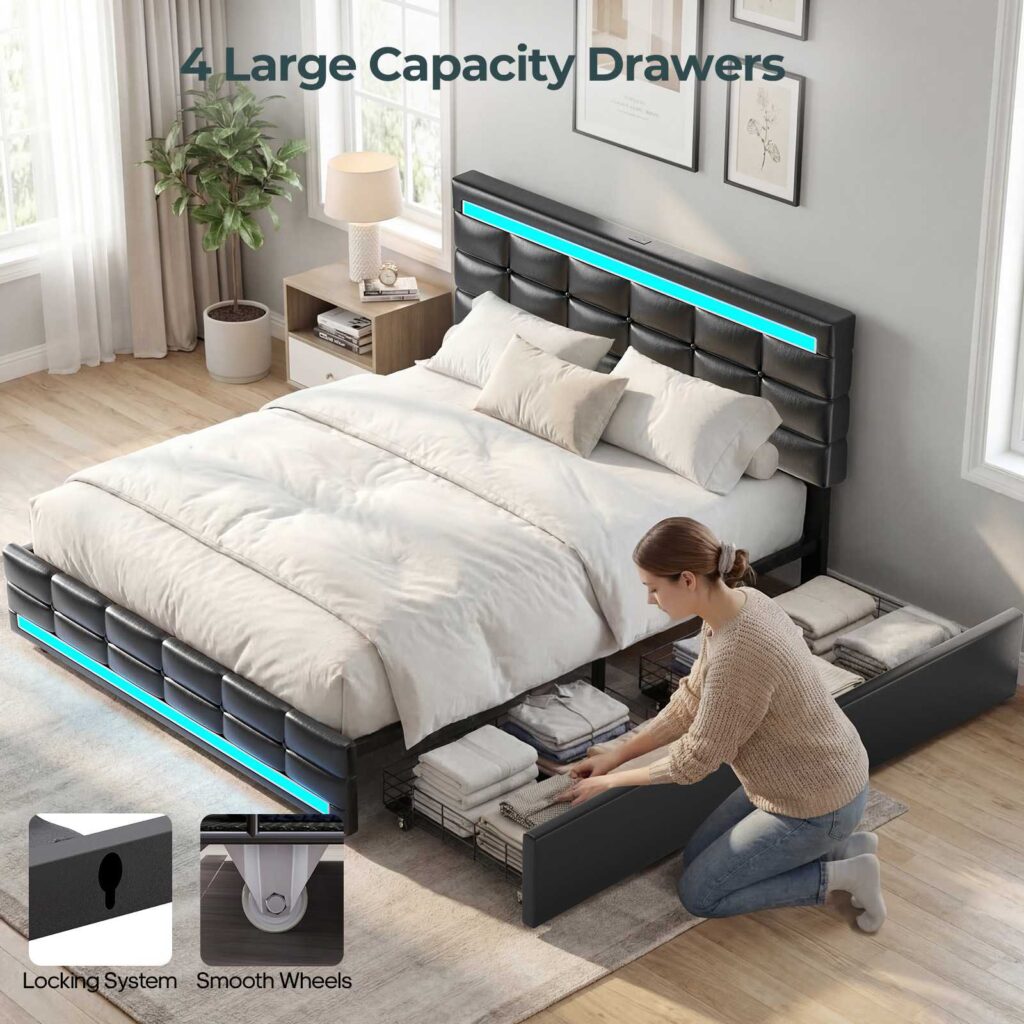 Person sliding folded linens into a large under-bed drawer on a black frame with an LED strip