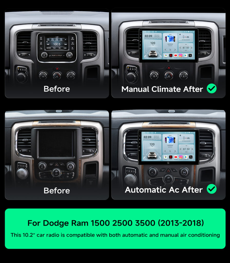 Before and after photos of two Ram dashboards, one with manual climate knobs and one with automatic climate controls, each fitted with the AINAVIGO 10.2-inch radio