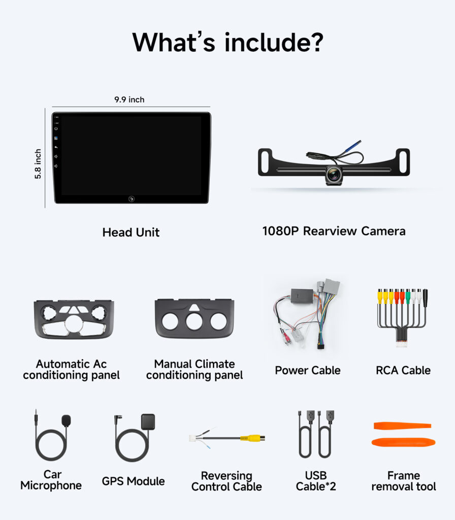 Parts included with the AINAVIGO Ram radio: head unit, backup camera, climate control panels, power cable, RCA cable, microphone, GPS module, reversing cable, USB cables and trim tool