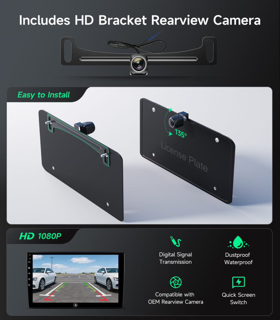 AINAVIGO license plate backup camera on its bracket, with a 135-degree tilt diagram and a reverse view on the dash screen