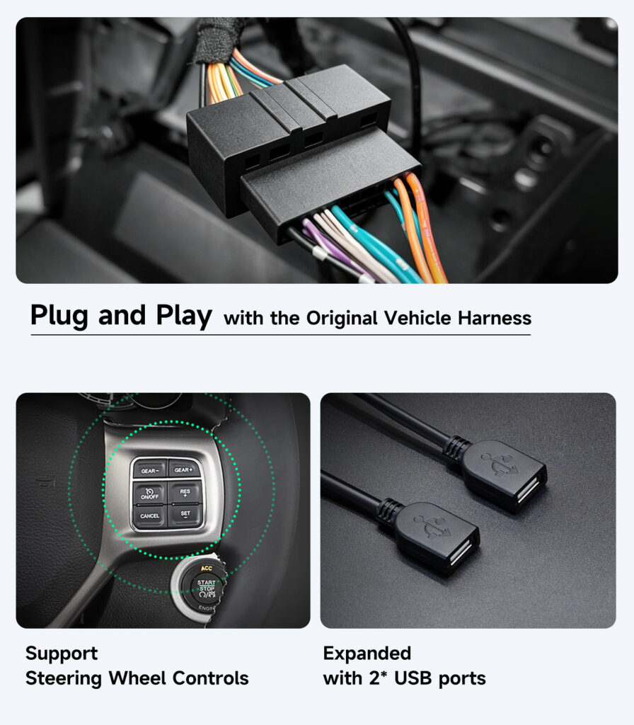 AINAVIGO plug-and-play harness connector, steering wheel control support and two extra USB ports