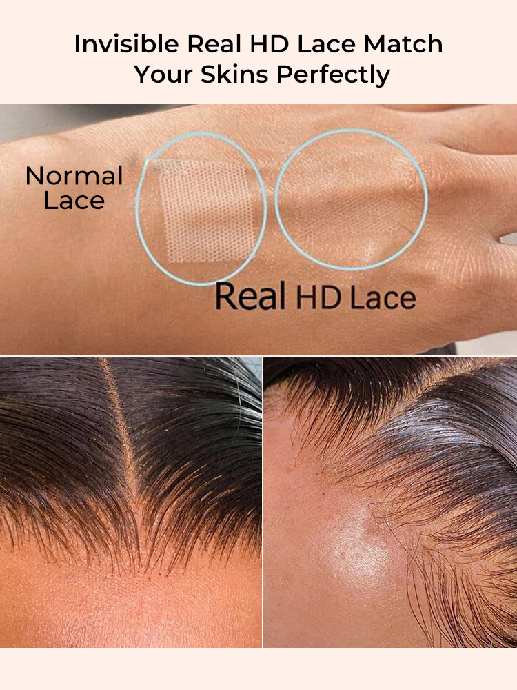 Side-by-side comparison of normal lace and HD lace on skin, with two close-ups of a lace hairline