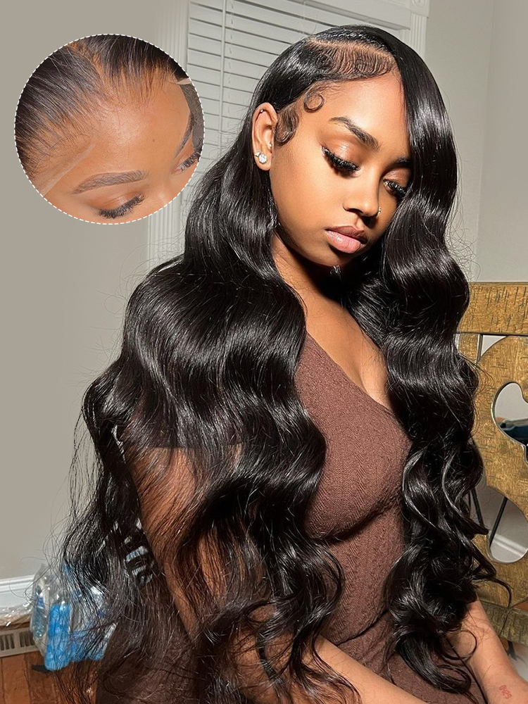 Woman wearing a long body wave lace front wig, with an inset circle showing a close-up of the hairline