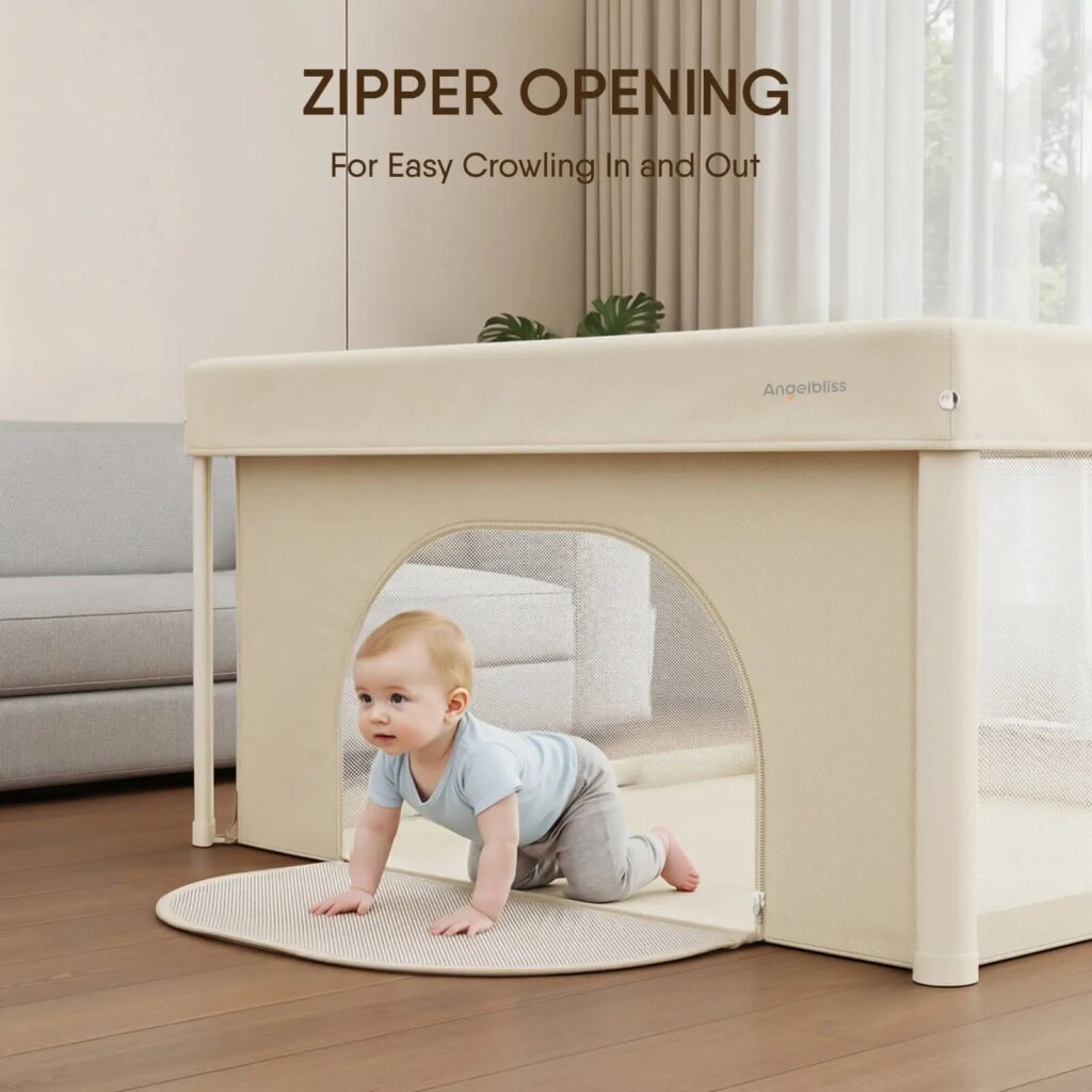 Baby crawling out through the zipper door of the cream Angelbliss BP05 foldable playpen