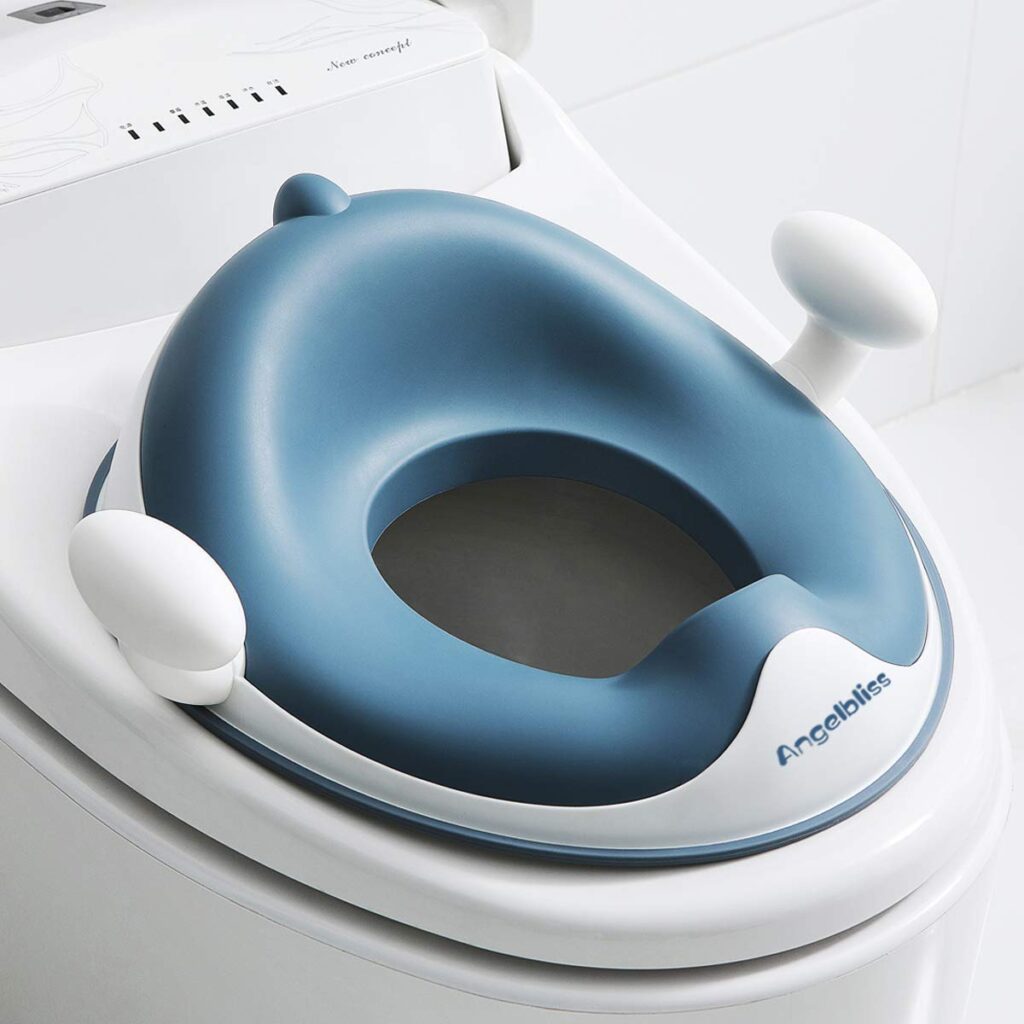 Blue Angelbliss BTS01 potty training seat with side handles fitted on a white toilet