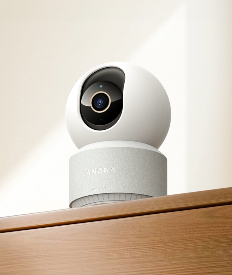 Anona Pano camera sitting on the edge of a wooden shelf