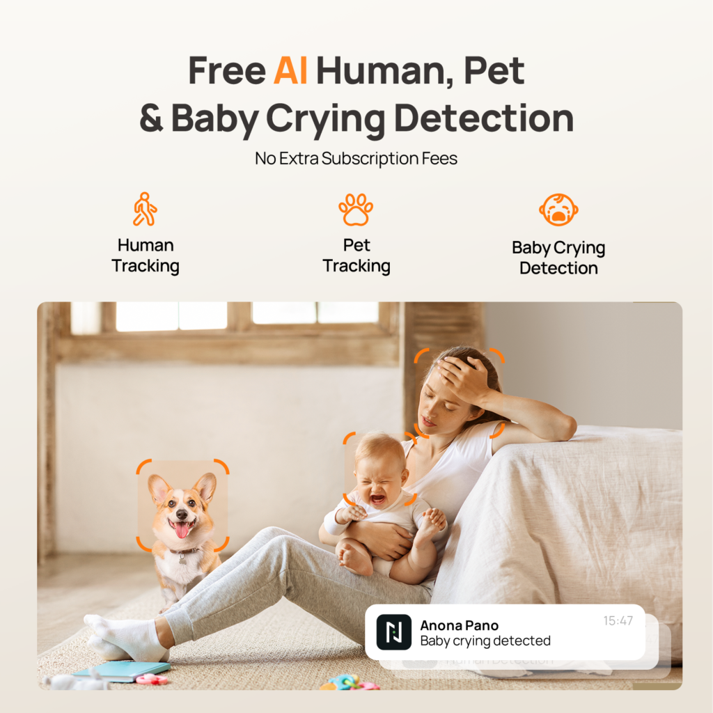 Anona Pano detection features for people, pets and baby crying shown with a phone alert