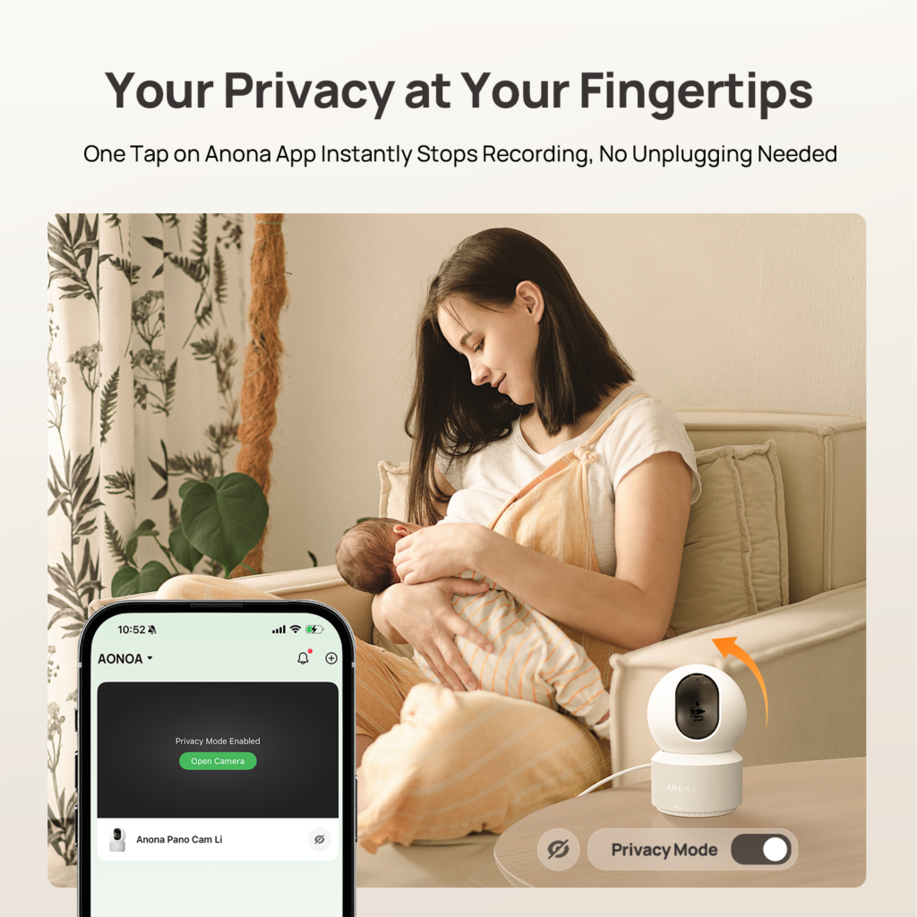 Anona Pano with its privacy mode switched on in the app, shown in a nursery setting