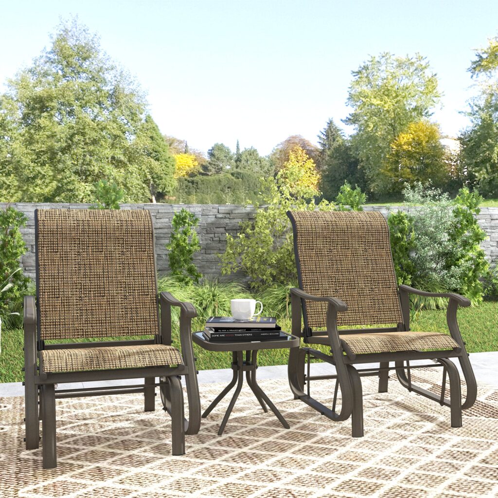 Two Outsunny glider chairs with a small glass-top table between them on a garden patio rug