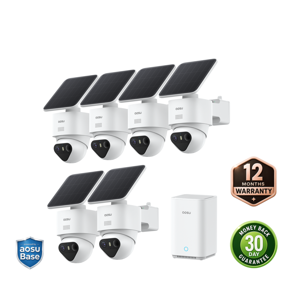 Aosu six-camera solar kit with six domed cameras, their solar panels and the aosuBase hub
