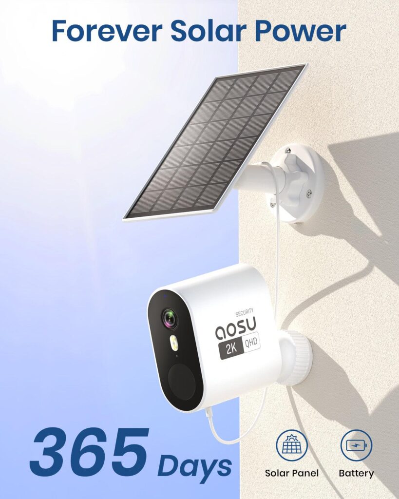 Aosu 2K camera on a sunlit exterior wall with its solar panel angled toward the sun