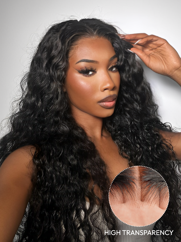 Long wavy Asteria Hair wig with an inset close-up of the transparent lace at the part