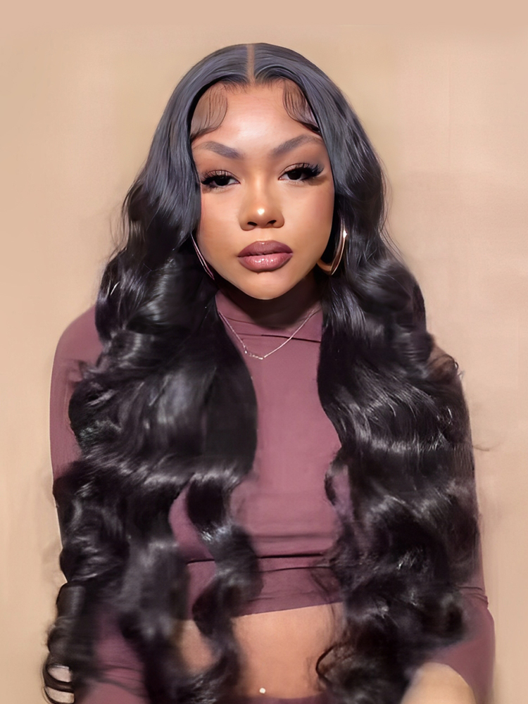 Asteria Hair body wave HD lace wig worn with a center part
