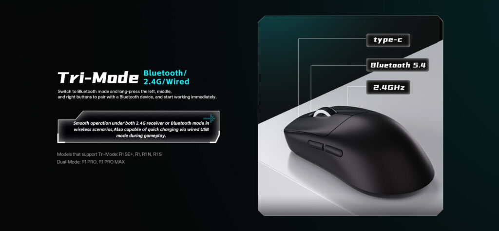 ATK banner explaining tri-mode Bluetooth, 2.4G and wired connection, with the R1 Pro and R1 Pro Max listed as dual-mode