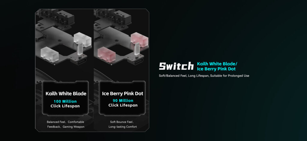 Official diagram of the Kailh White Blade and Huano Ice Berry Pink Dot mouse switches with their click lifespan ratings