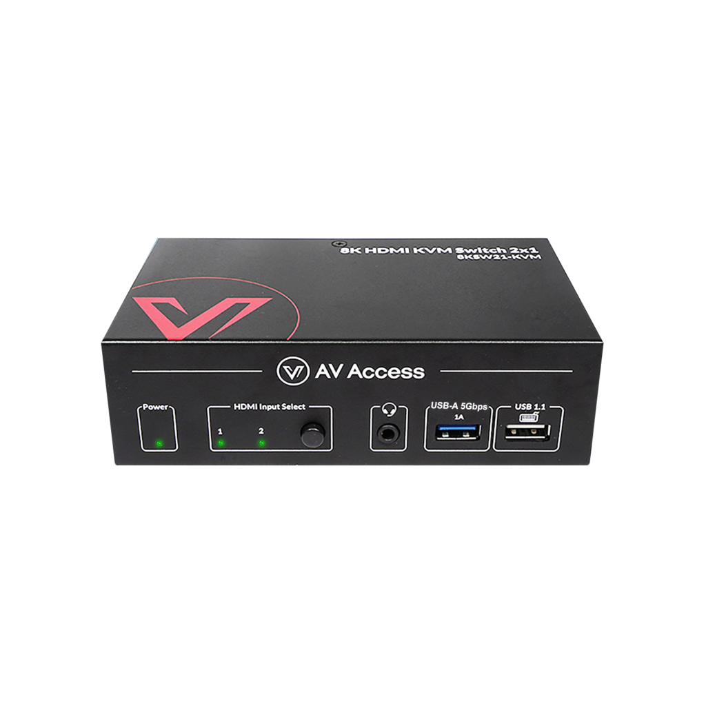 AV Access 8K HDMI KVM switch showing the power light, input select button, headphone jack and USB ports on the front