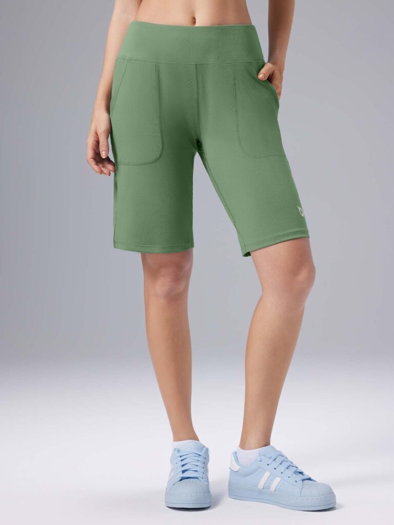 Green Baleaf high-rise bermuda shorts with front patch pockets and a wide waistband