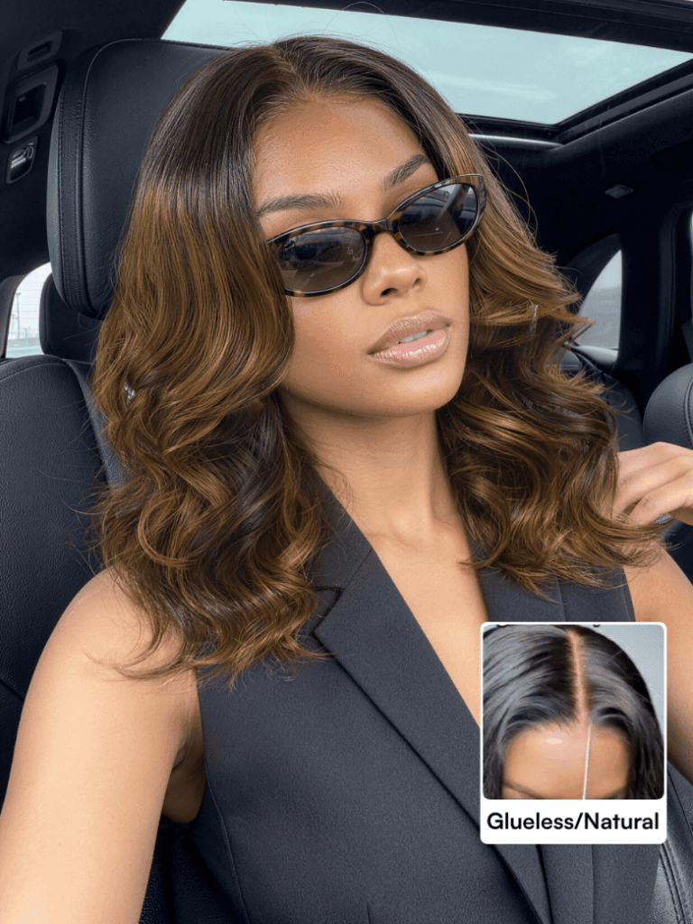 Wavy brown balayage bob wig worn with sunglasses, with an inset close-up of a natural middle part