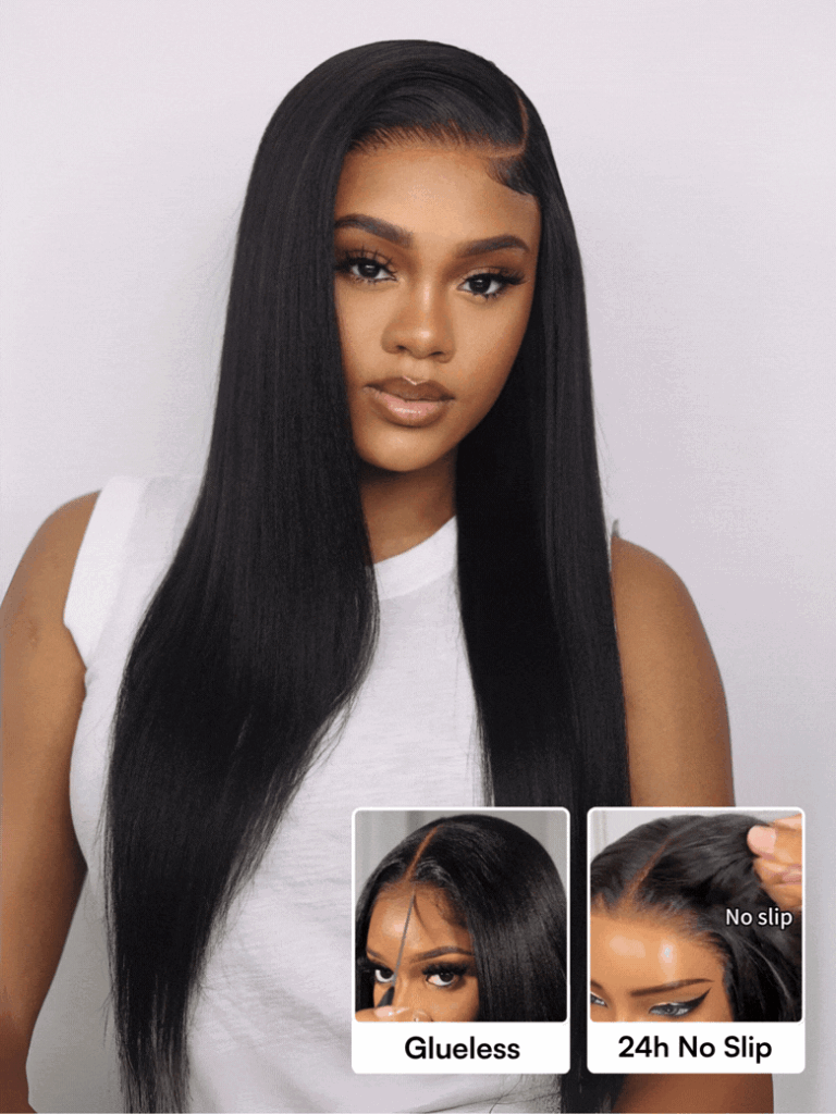 Long yaki straight black wig with two insets showing a natural part and a close secure fit