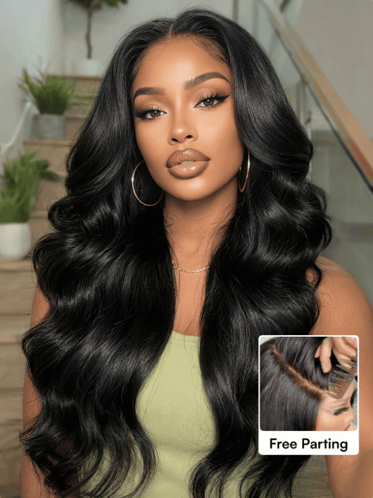 Long black body wave wig with a center part and a small inset close-up of the parting