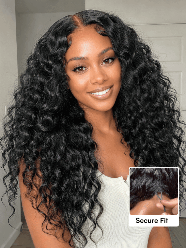 Long black deep curly wig with a secure-fit close-up inset showing a strap detail