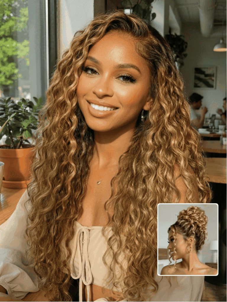 Long honey blonde water wave wig with an inset showing a high curled updo