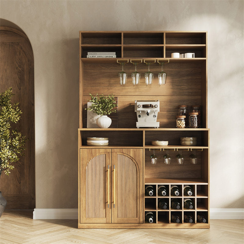 Camel Jagger tall bar cabinet with a hutch, open shelves, glass racks and a wine rack