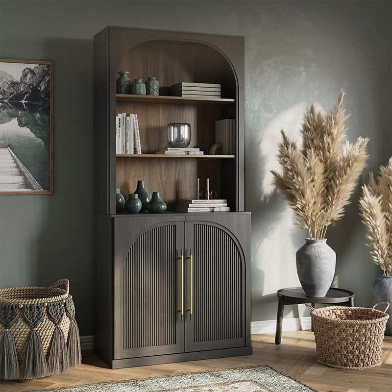 Jagger tall bookcase cabinet with an arched open shelf unit above fluted arched doors