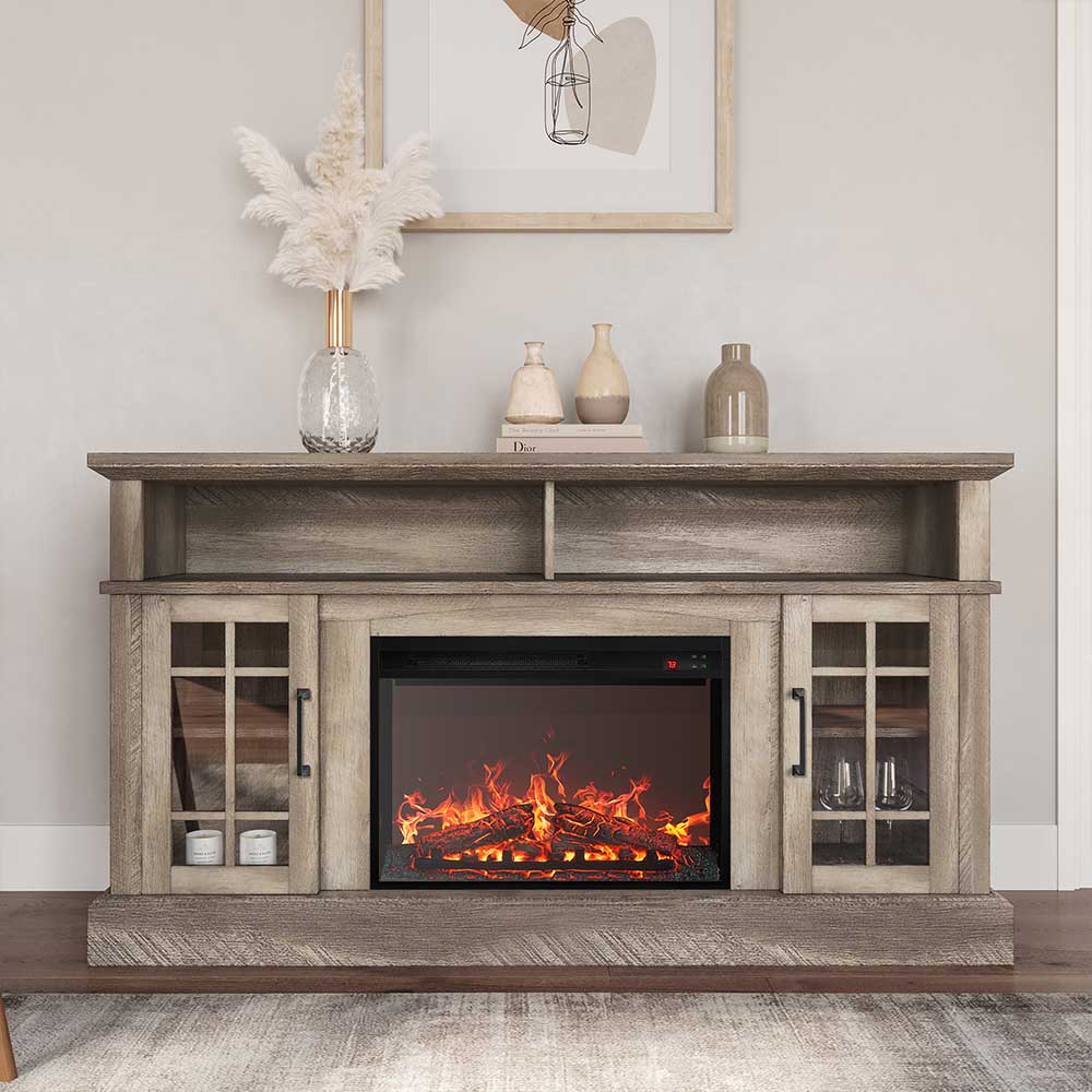 Astorga fireplace TV stand in a weathered gray wood finish with glass cabinet doors and a lit electric fireplace