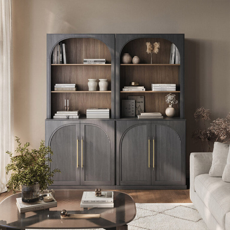 Two Jagger bookcase cabinets side by side, each with arched open shelves above arched doors