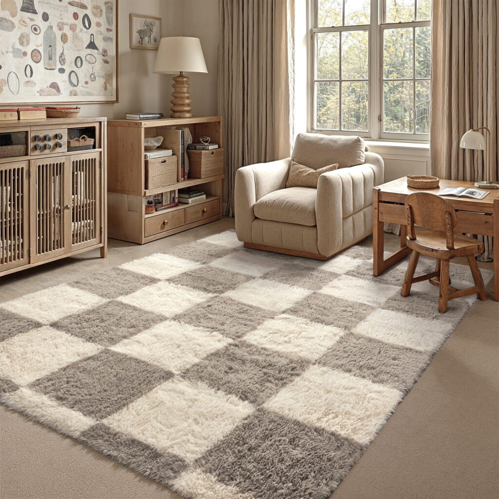 Gray and cream checkered shag rug in a study with a wooden desk and an armchair