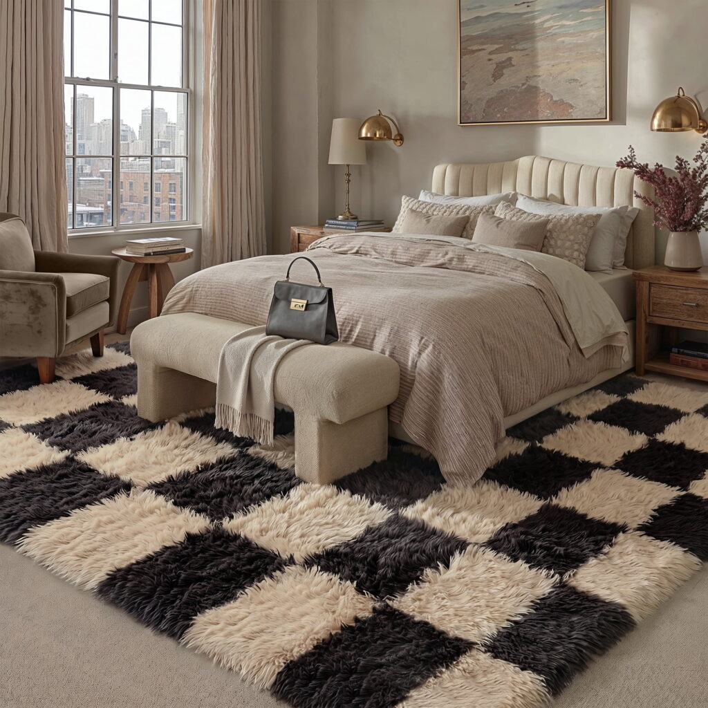 Black and cream checkered shag rug in a bedroom beside a cushioned bench